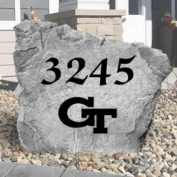 Custom Georgia Tech Address Stone featuring the official Yellow Jackets logo and personalized house numbers. A distinctive outdoor accent for driveways, gardens, front walkways, and landscaped entryways.