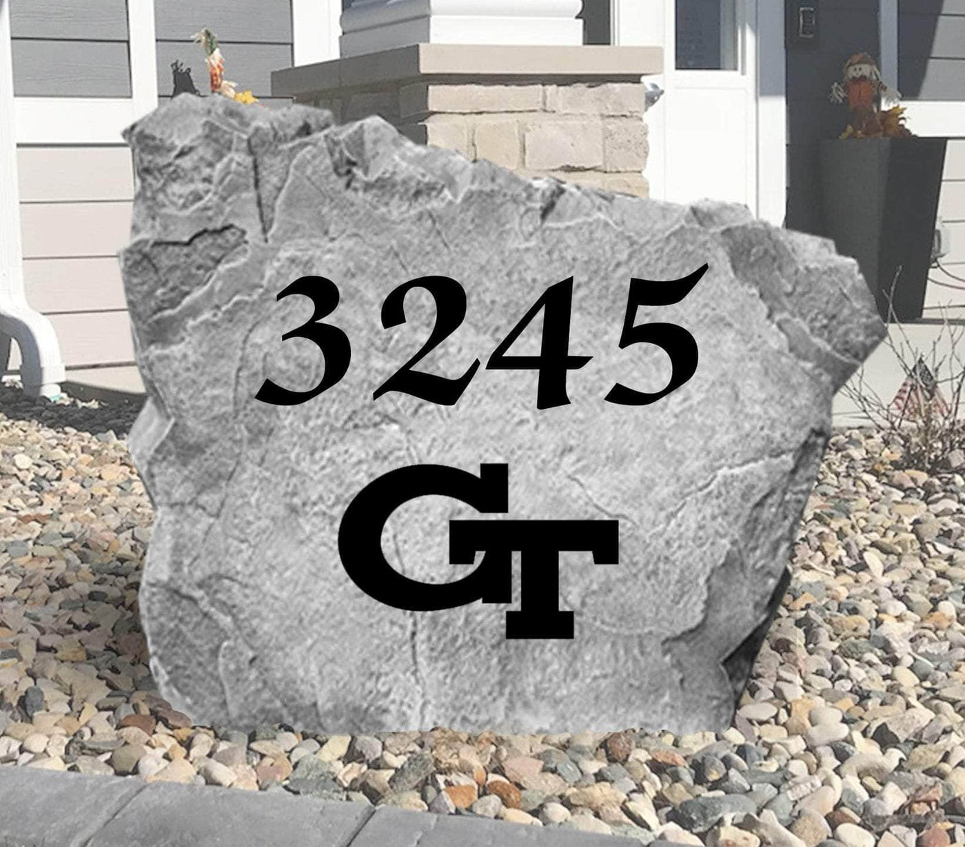 Georgia Tech address rock with engraved house number and logo