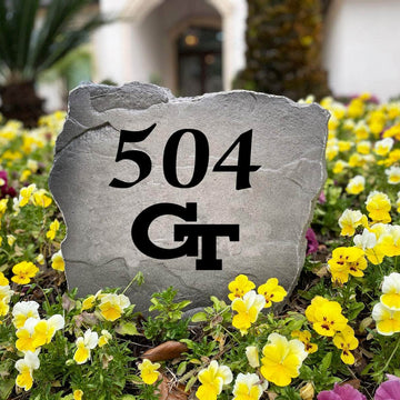 Premium Georgia Tech outdoor address marker personalized with your custom house numbers and crafted from durable engraved stone. An excellent gift for alumni, graduates, football fans, and new homeowners.