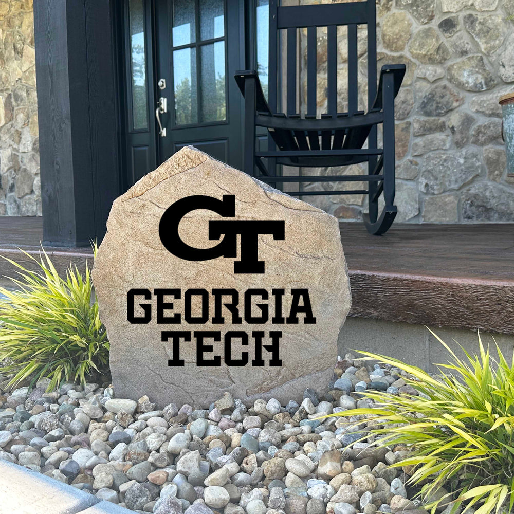 Decorative Georgia Tech Yellow Jackets garden stone featuring the official university logo permanently engraved into durable stone. An eye-catching addition to patios, fan spaces, outdoor kitchens, and landscape borders.