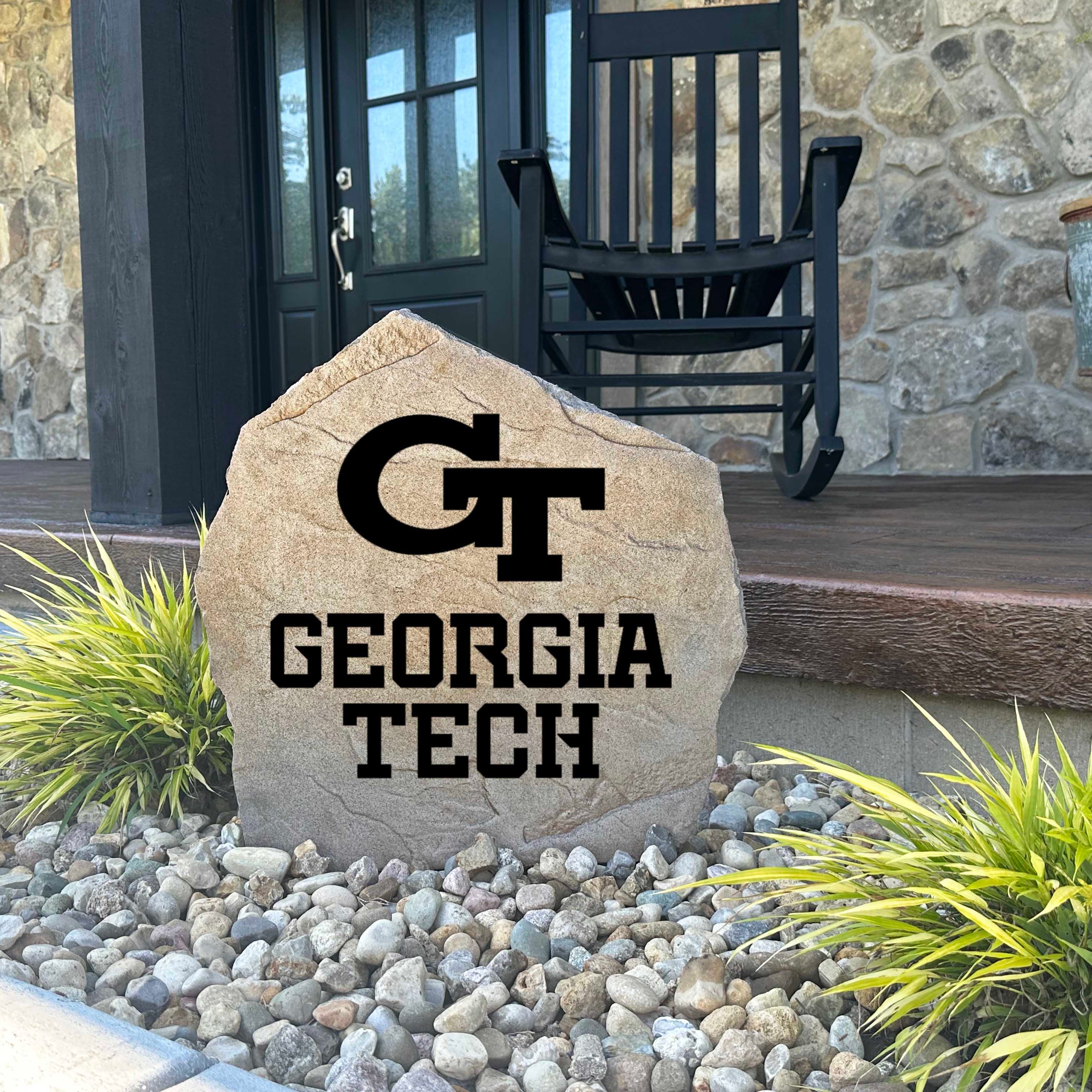 Decorative Georgia Tech Yellow Jackets garden stone featuring the official university logo permanently engraved into durable stone. An eye-catching addition to patios, fan spaces, outdoor kitchens, and landscape borders.