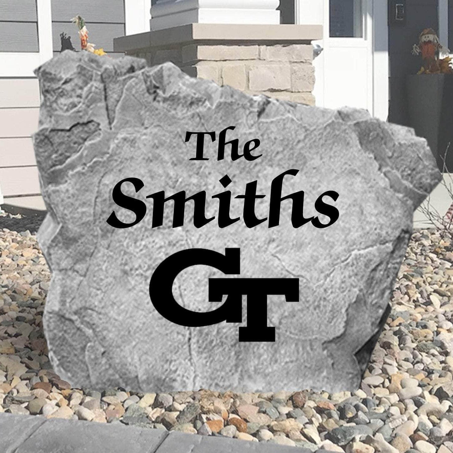 Custom Georgia Tech Yellow Jackets Name Stone featuring the official university logo and personalized family lettering. A beautiful addition to gardens, patios, flower beds, and front walkways.