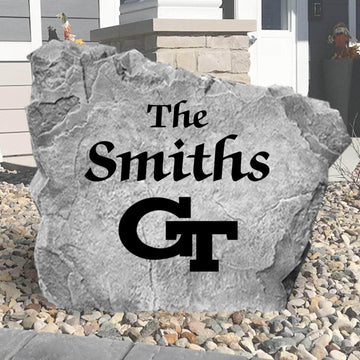 Custom Georgia Tech Yellow Jackets Name Stone featuring the official university logo and personalized family lettering. A beautiful addition to gardens, patios, flower beds, and front walkways.