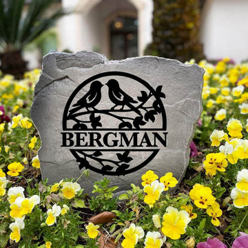 Personalized Love Birds Monogram Stone handcrafted in the USA with elegant bird artwork and custom engraving. This decorative outdoor stone enhances flower beds, walkways, and landscape borders with lasting beauty.