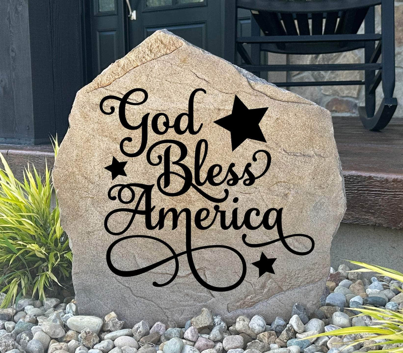 Personalized God Bless America stone for outdoor patriotic home decor.