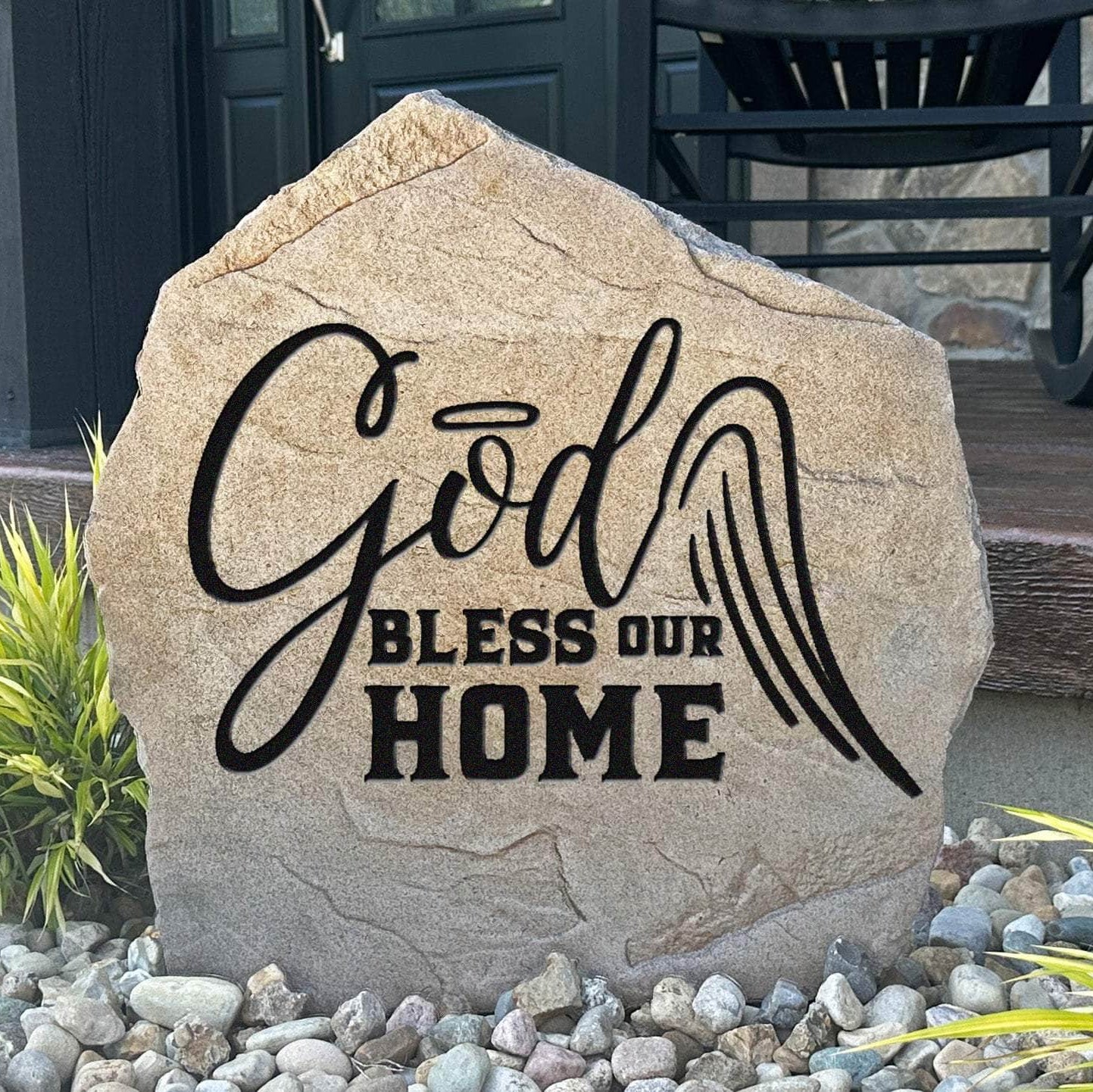 God Bless Our Home engraved stone creating a beautiful expression of faith while welcoming family and friends to your home's entrance.