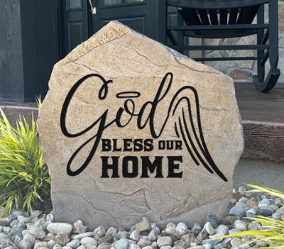 Engraved God Bless Our Home stone for Christian home and garden décor