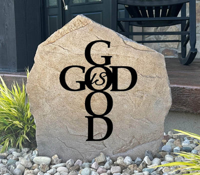 Engraved God Is Good stone, perfect for spiritual home and garden décor