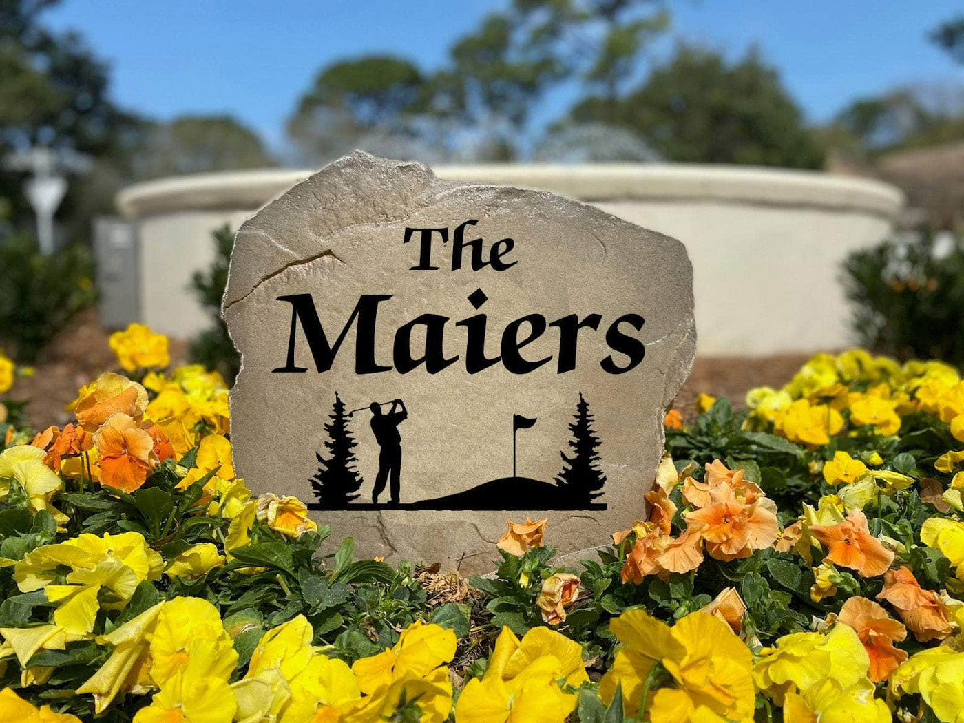 Weatherproof personalized golf yard stone with golfer silhouette.