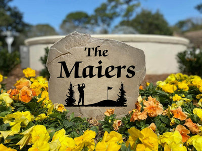 Weatherproof personalized golf yard stone with golfer silhouette.