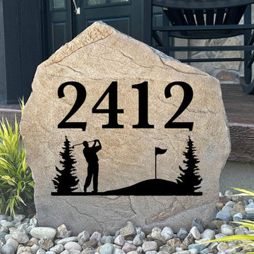 Personalized Golf Address Stone engraved with custom house numbers, creating the perfect outdoor accent for golfers and golf course homes.