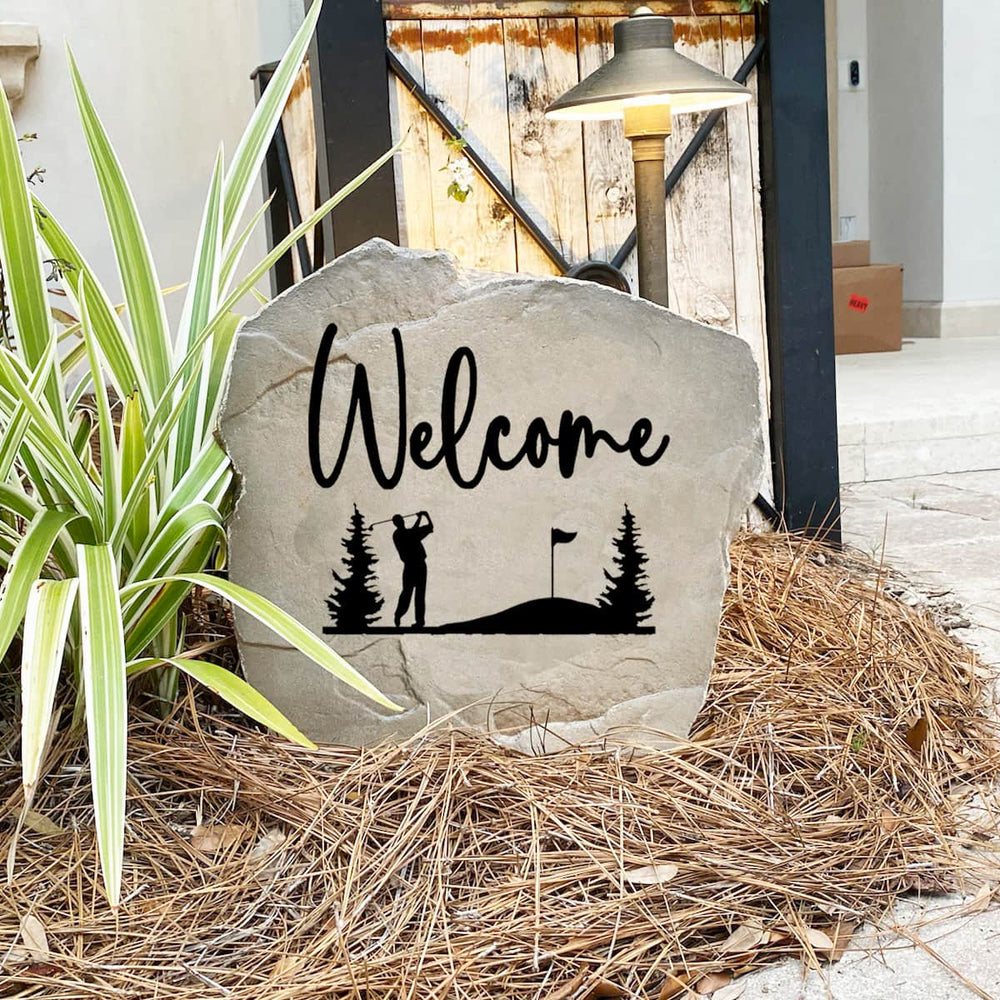 Decorative Welcome Golf Stone with golf-themed accents permanently engraved into the stone surface. This weather-resistant garden stone creates a warm and inviting entrance while adding personality to the landscape.