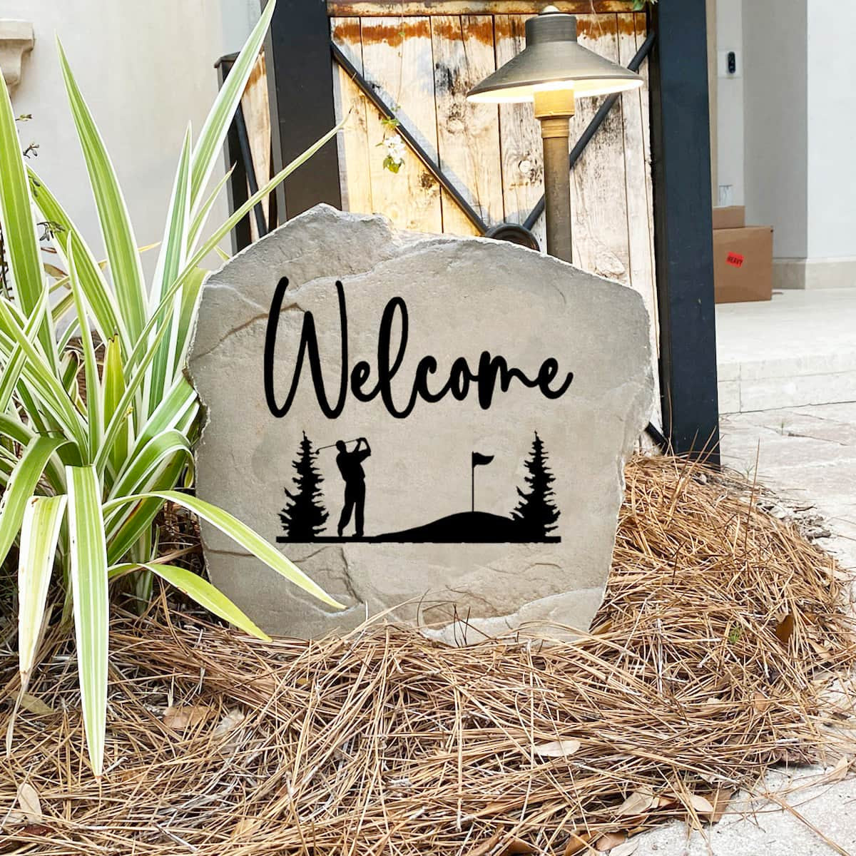Decorative Welcome Golf Stone with golf-themed accents permanently engraved into the stone surface. This weather-resistant garden stone creates a warm and inviting entrance while adding personality to the landscape.
