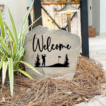 Decorative Welcome Golf Stone with golf-themed accents permanently engraved into the stone surface. This weather-resistant garden stone creates a warm and inviting entrance while adding personality to the landscape.