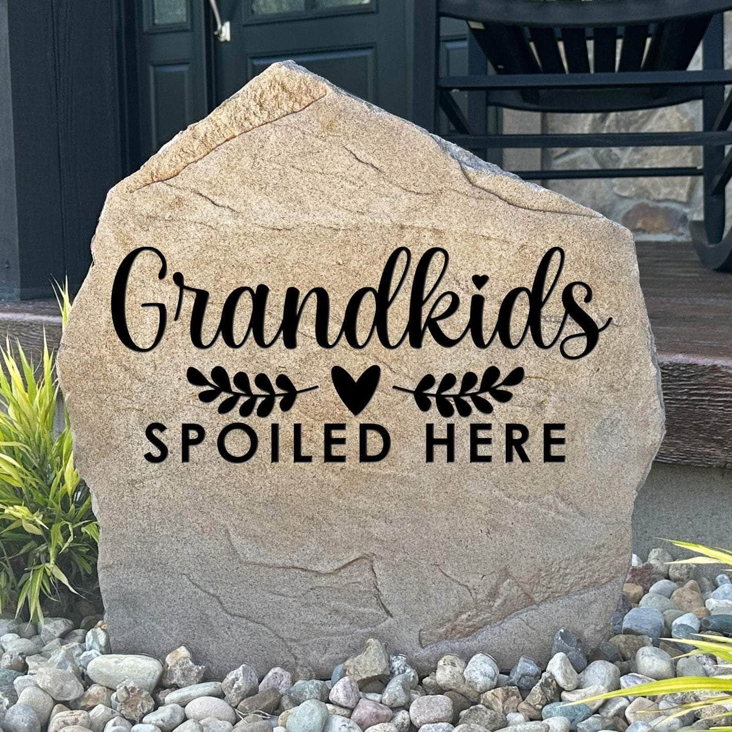 Personalized Grandkids Spoiled Here Stone featuring a heartwarming engraved design that celebrates the special bond between grandparents and grandchildren. This decorative garden stone adds warmth and charm to front entryways, patios, gardens, and landscape beds.