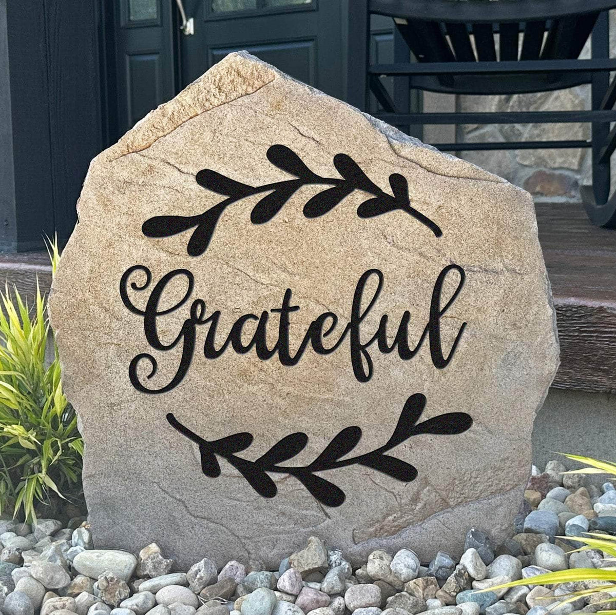 Grateful engraved garden stone bringing a meaningful reminder of gratitude to front yards, flower beds, patios, and peaceful outdoor spaces.