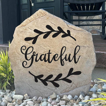 Grateful engraved garden stone bringing a meaningful reminder of gratitude to front yards, flower beds, patios, and peaceful outdoor spaces.
