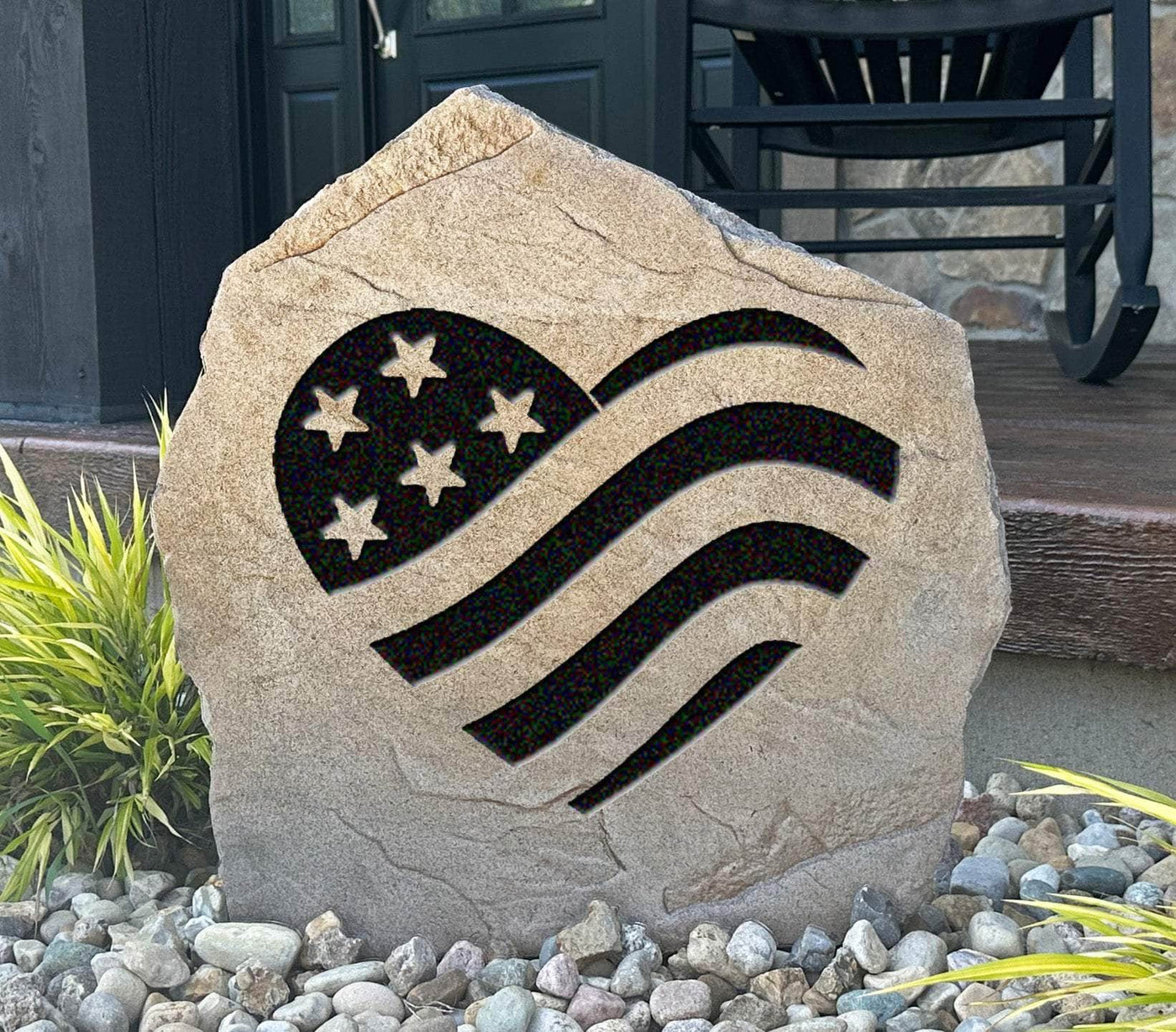 Engraved Heart Flag stone with American flag design for outdoor decor