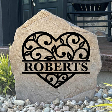 Personalized Heart Monogram Stone featuring a custom initial and elegant heart design engraved directly into the stone surface. This decorative garden stone adds timeless beauty and curb appeal to front yards, patios, gardens, and entryways.