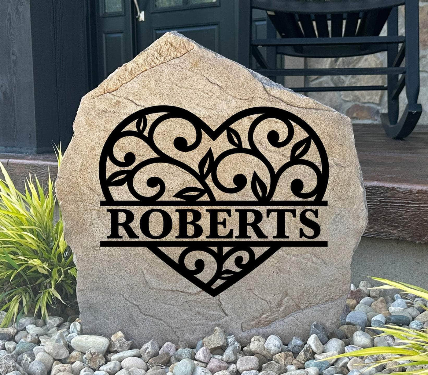 Personalized heart monogram stone with family name, perfect for garden or front porch decor.