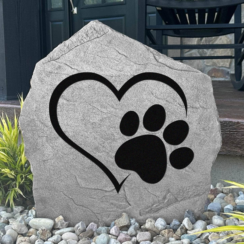 Heart Paw Print engraved garden stone celebrating the unconditional love of pets with a beautiful outdoor tribute for homes and memorial gardens.
