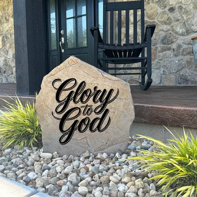 Decorative Glory To God Stone with permanently engraved lettering designed to enhance front yards, patios, memorial gardens, and landscape beds. This outdoor accent celebrates faith with timeless style.