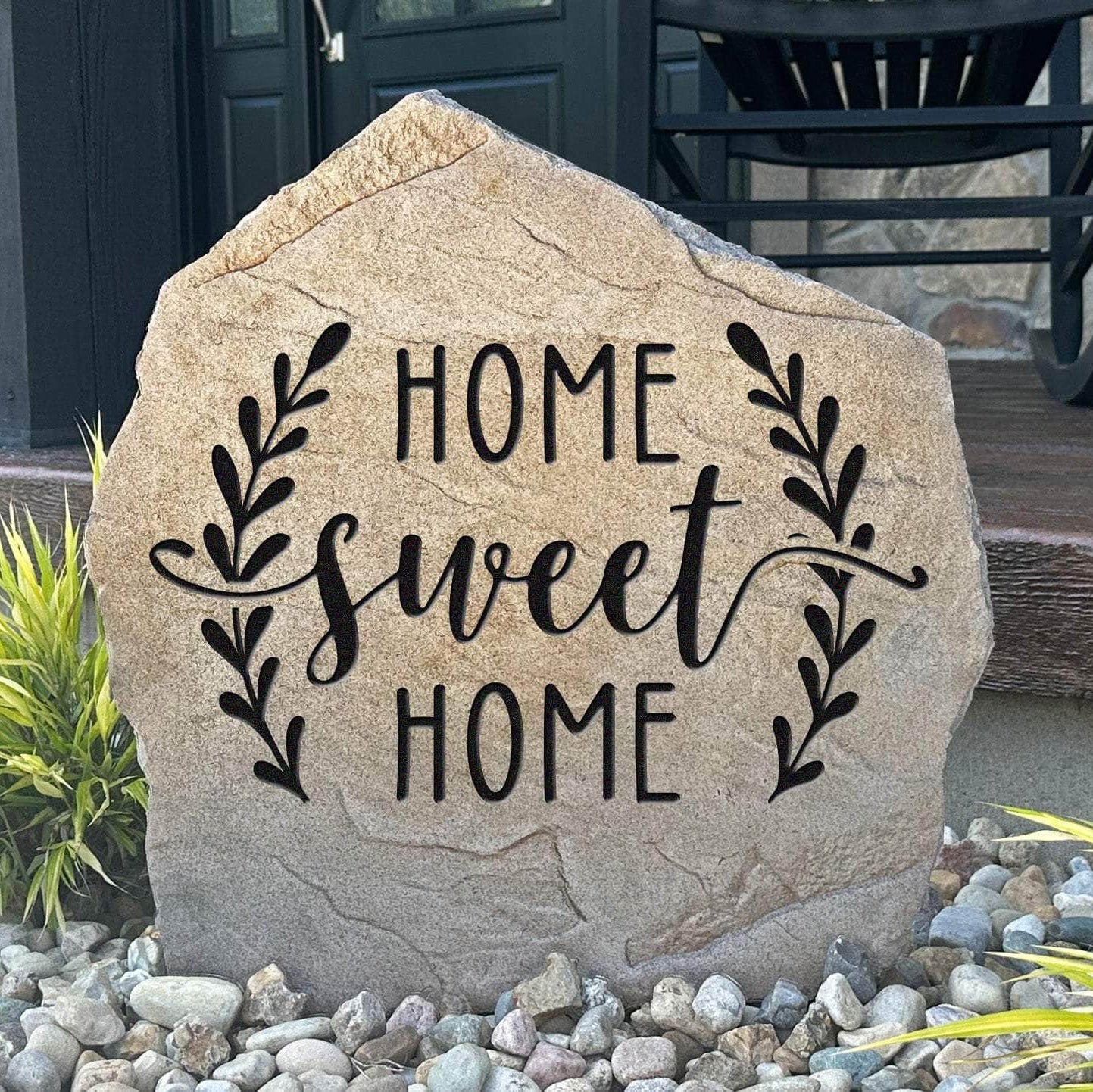 Home Sweet Home engraved stone creating a warm and inviting atmosphere for front gardens, walkways, porches, and beautifully landscaped entryways.
