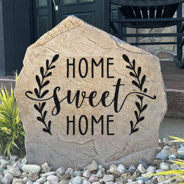Home Sweet Home engraved stone creating a warm and inviting atmosphere for front gardens, walkways, porches, and beautifully landscaped entryways.