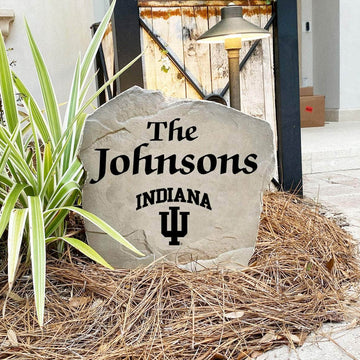 Engraved Indiana University Name Stone with a custom family name and the Indiana Hoosiers logo, bringing collegiate spirit and timeless style to front yard landscapes, walkways, and home entrances.