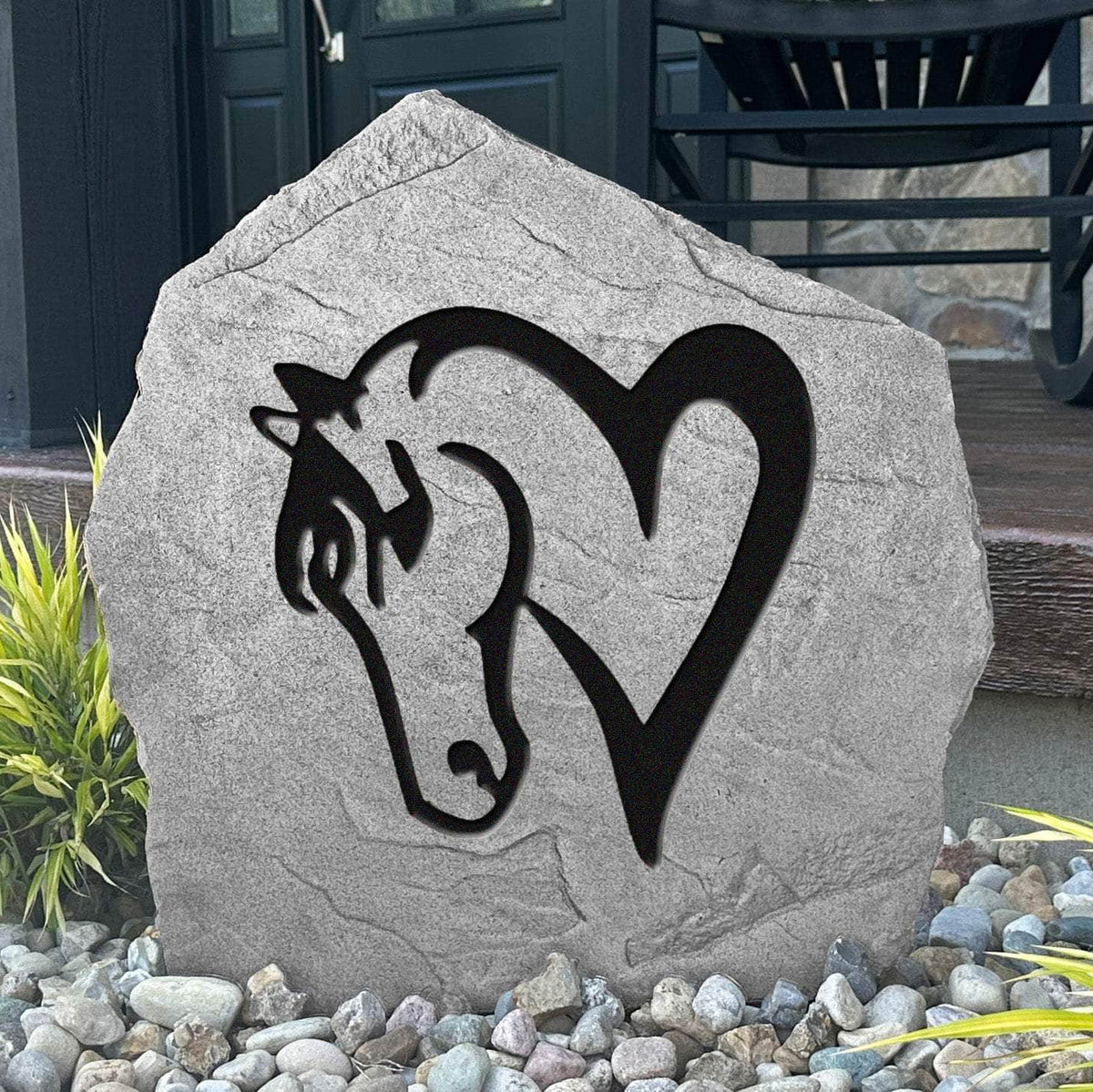 Horse Love engraved stone celebrating the special bond between horse and rider with a beautiful landscape accent for homes, barns, and ranches.
