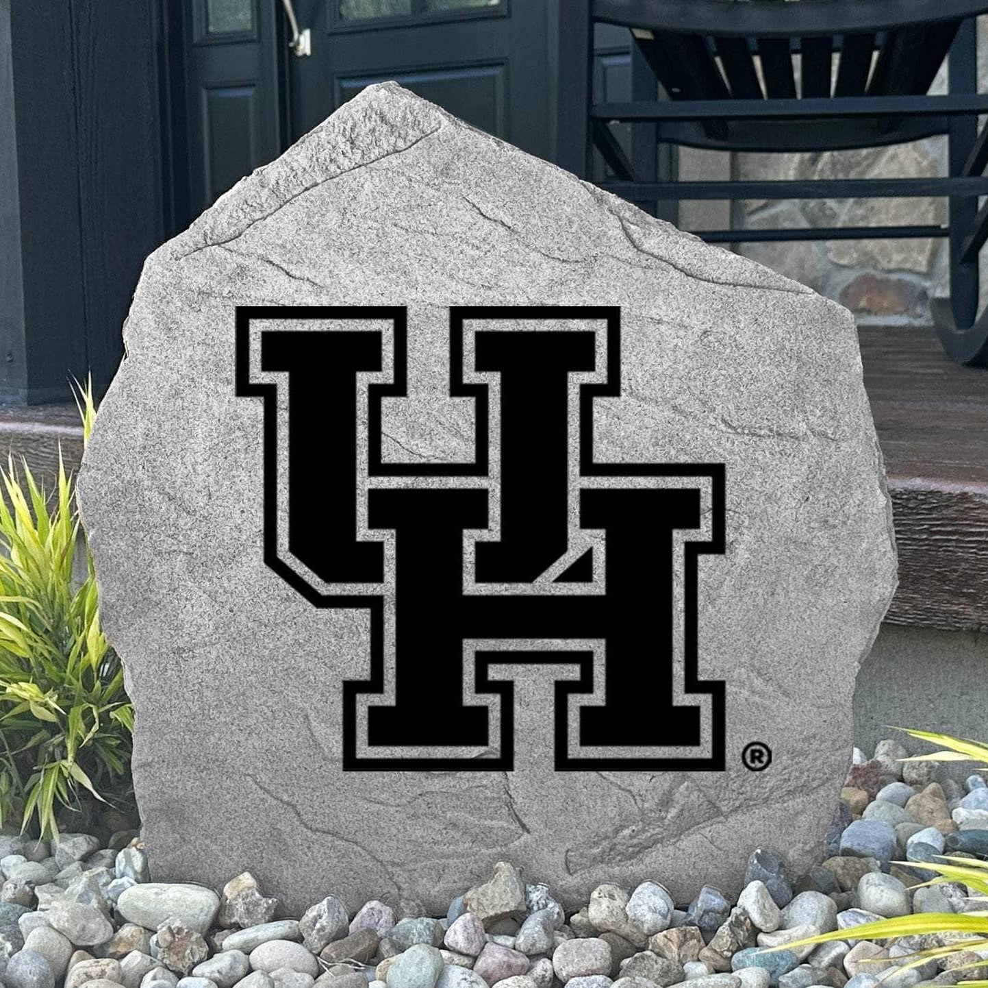 Custom rock featuring the bold UH Cougars logo, great for front yard or porch décor.