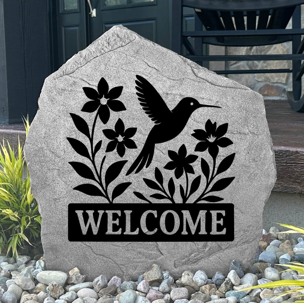 Personalized Welcome Hummingbird Stone featuring a graceful hummingbird design engraved directly into the stone surface. This decorative garden stone adds charm and curb appeal to front yards, flower beds, patios, and entryways.