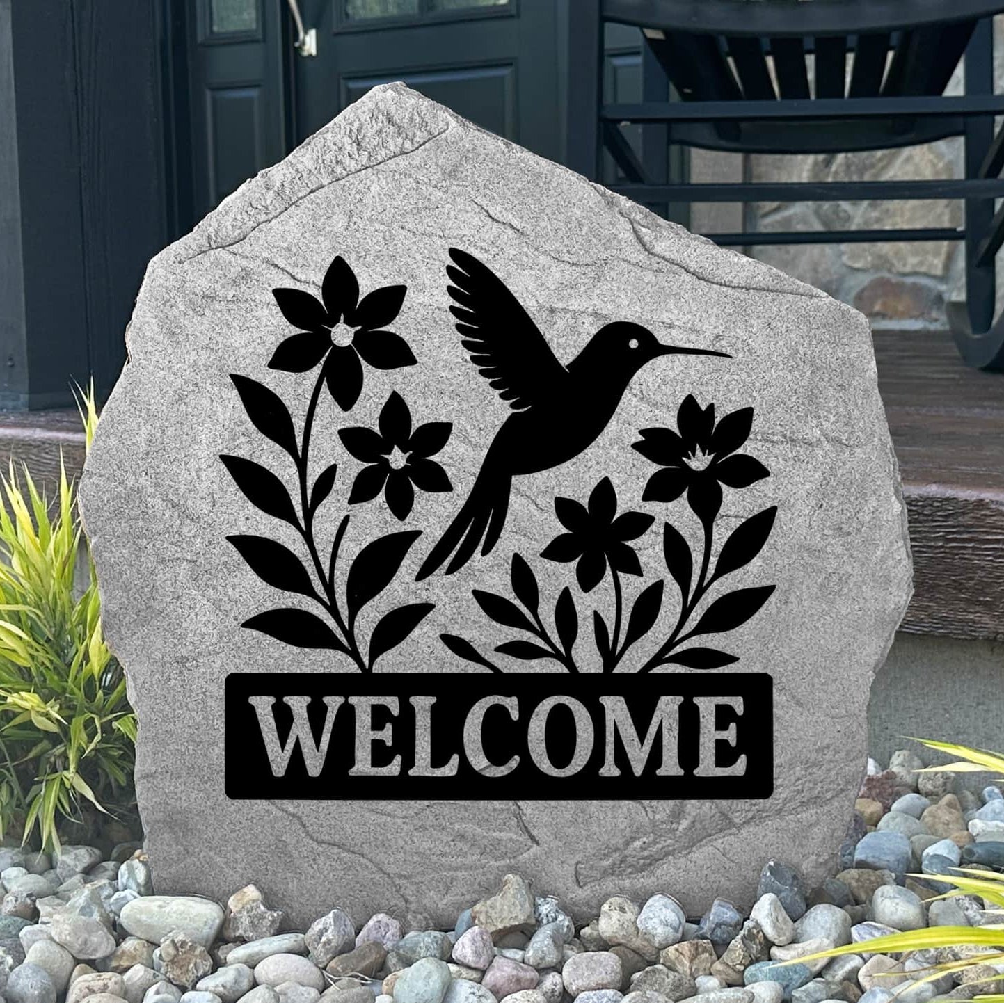 Personalized Welcome Hummingbird Stone featuring a graceful hummingbird design engraved directly into the stone surface. This decorative garden stone adds charm and curb appeal to front yards, flower beds, patios, and entryways.