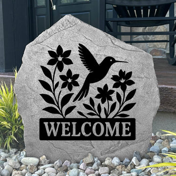 Personalized Welcome Hummingbird Stone featuring a graceful hummingbird design engraved directly into the stone surface. This decorative garden stone adds charm and curb appeal to front yards, flower beds, patios, and entryways.