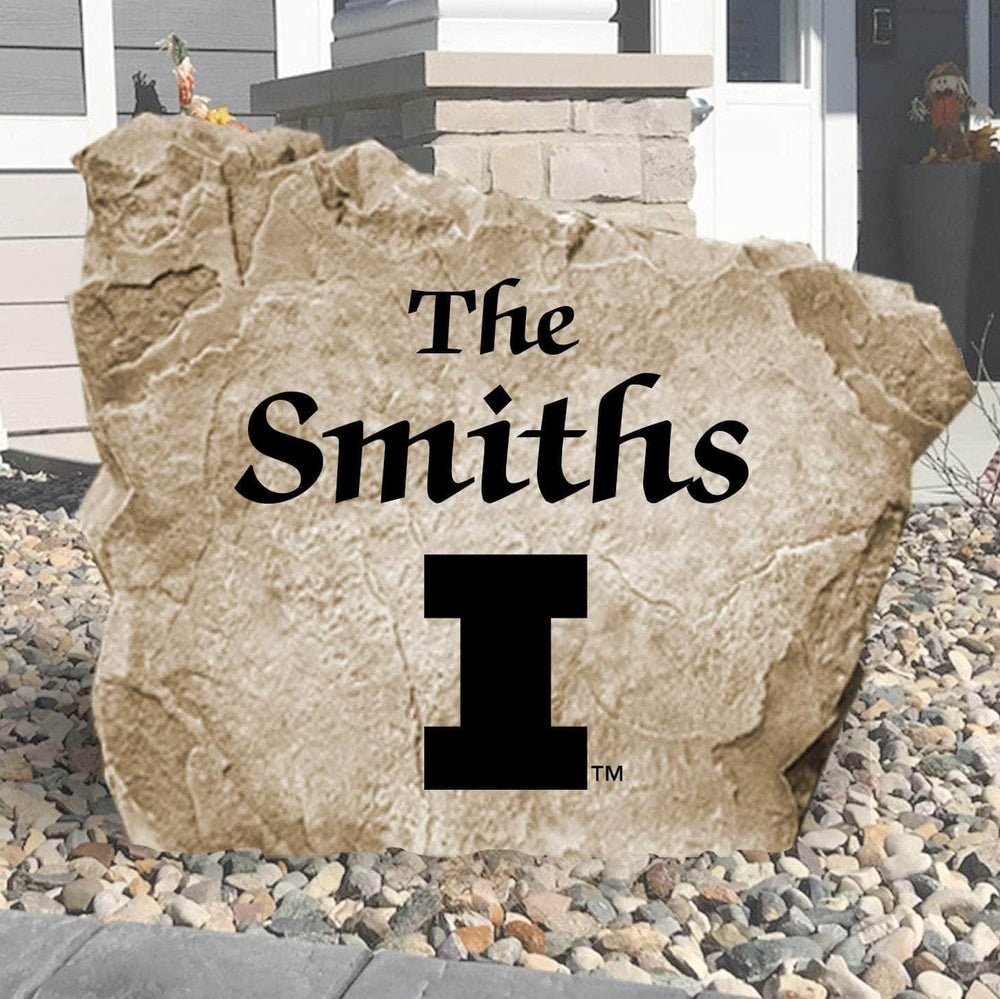 Custom University of Illinois family name stone engraved with your surname, creating a sophisticated Fighting Illini landscape feature for any home.