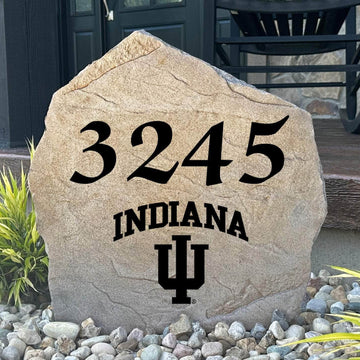 Officially licensed Indiana University Address Stone featuring custom house numbers and the iconic Indiana Hoosiers logo engraved directly into the stone surface. This personalized address stone enhances curb appeal and creates a beautiful house number marker for front yards, gardens, driveways, and entryways.