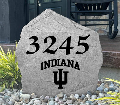 Decorative Indiana address rock with IU logo for porch