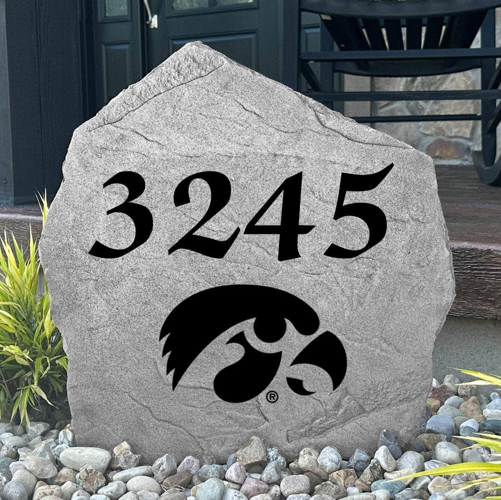 Custom University of Iowa Address Stone featuring the official Hawkeyes logo and personalized house numbers. A stylish way to display your address in front yards, driveways, gardens, and landscaped entryways.