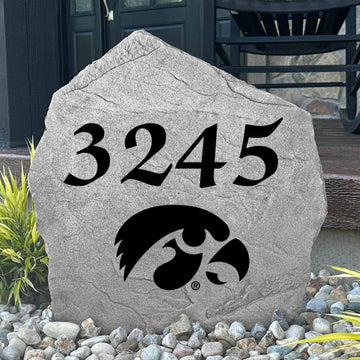 Custom University of Iowa Address Stone featuring the official Hawkeyes logo and personalized house numbers. A stylish way to display your address in front yards, driveways, gardens, and landscaped entryways.
