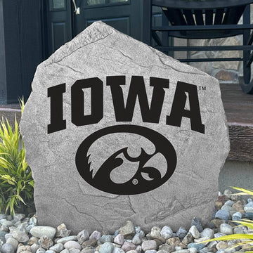 Engraved Iowa Hawkeyes team logo on natural stone