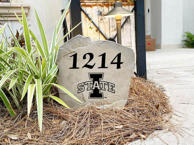 Custom landscape rock with address and ISU logo