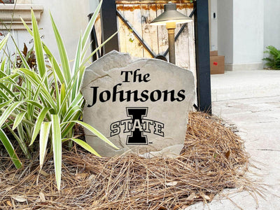 Engraved landscape stone featuring Iowa State and family name
