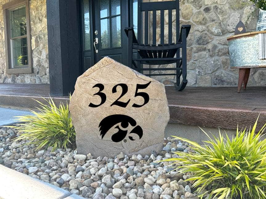 Personalized landscape stone with Iowa Hawkeyes branding