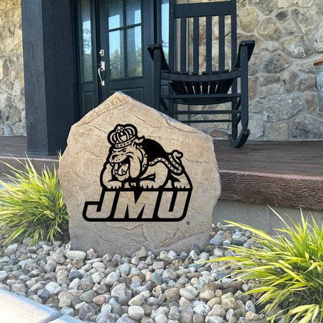 Decorative James Madison Dukes garden stone featuring the official university logo permanently engraved into durable stone. An eye-catching addition to patios, fan spaces, outdoor kitchens, and landscape borders.