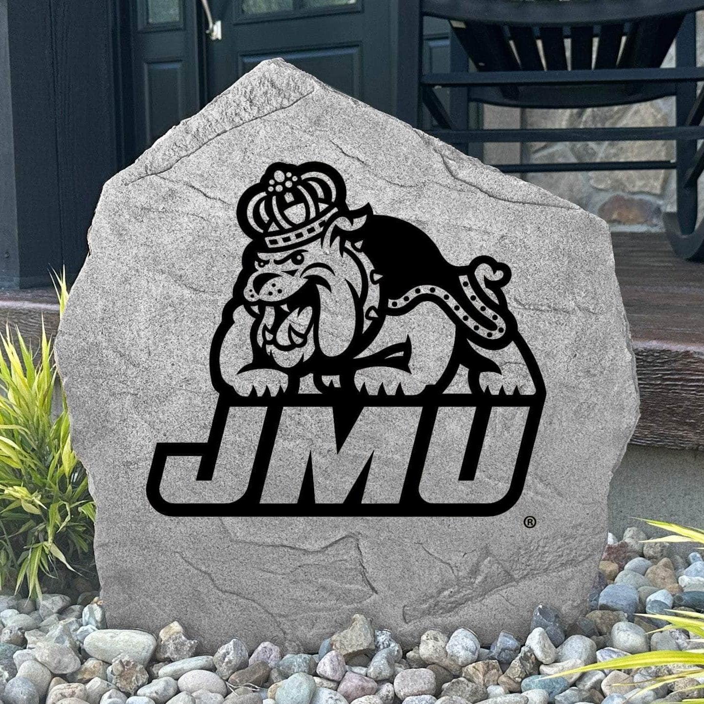 Celebrate your favorite college team with a James Madison University Logo Stone showcasing officially licensed Dukes artwork. Perfect for flower beds, outdoor living spaces, porches, and landscaped yards.