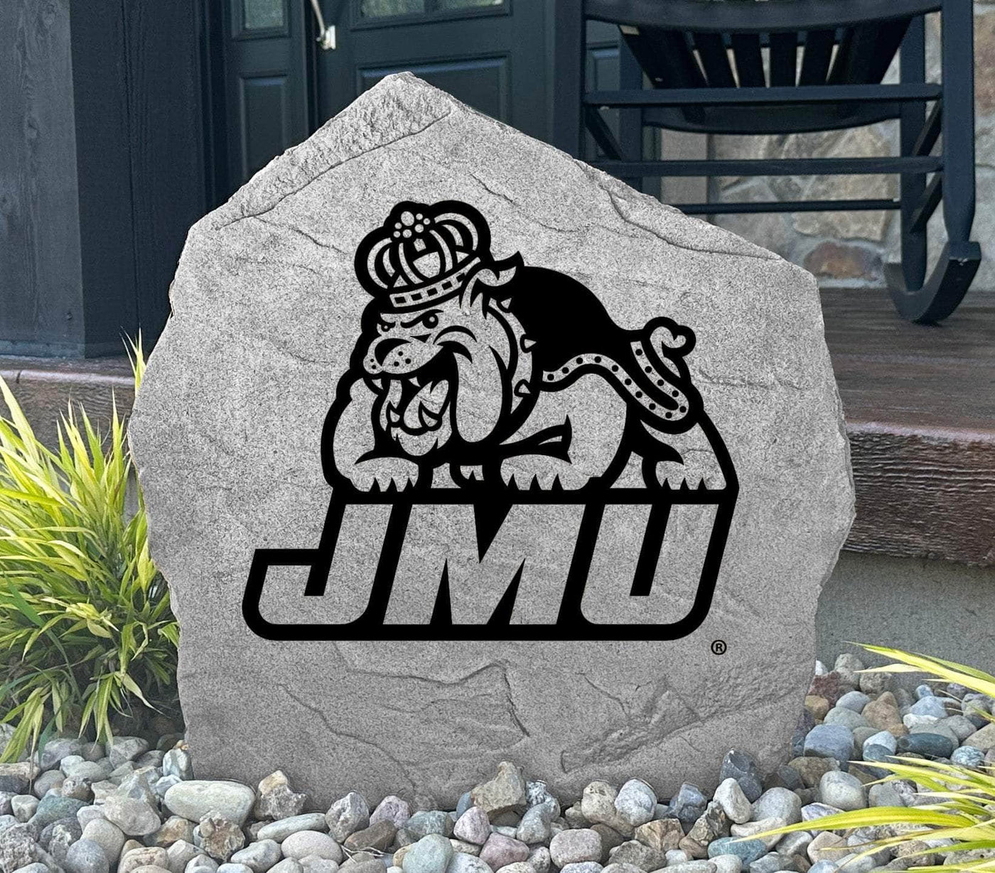 JMU logo rock decor for front porch landscaping