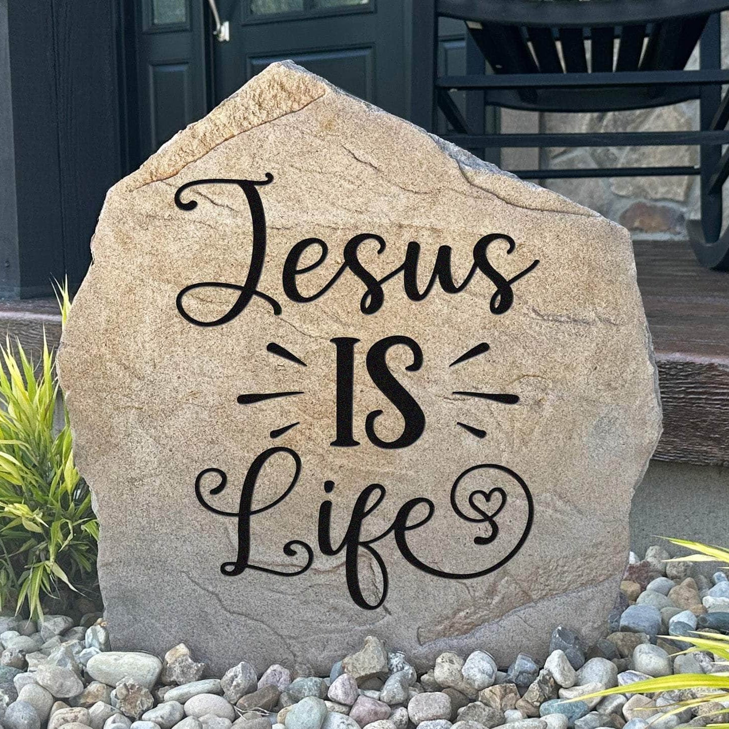 Jesus Is Life engraved garden stone sharing a powerful message of Christian faith while enhancing gardens, walkways, and peaceful outdoor spaces.