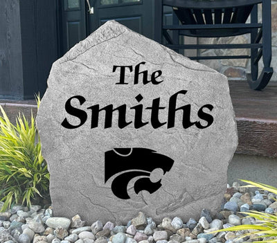 Engraved K-State family name stone with Wildcat logo