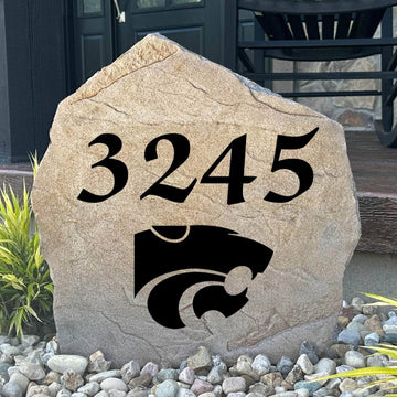 Officially licensed Kansas State University Address Stone featuring custom house numbers and the iconic Kansas State Wildcats logo engraved directly into the stone surface. This personalized address stone enhances curb appeal and creates a beautiful house number marker for front yards, gardens, driveways, and entryways.