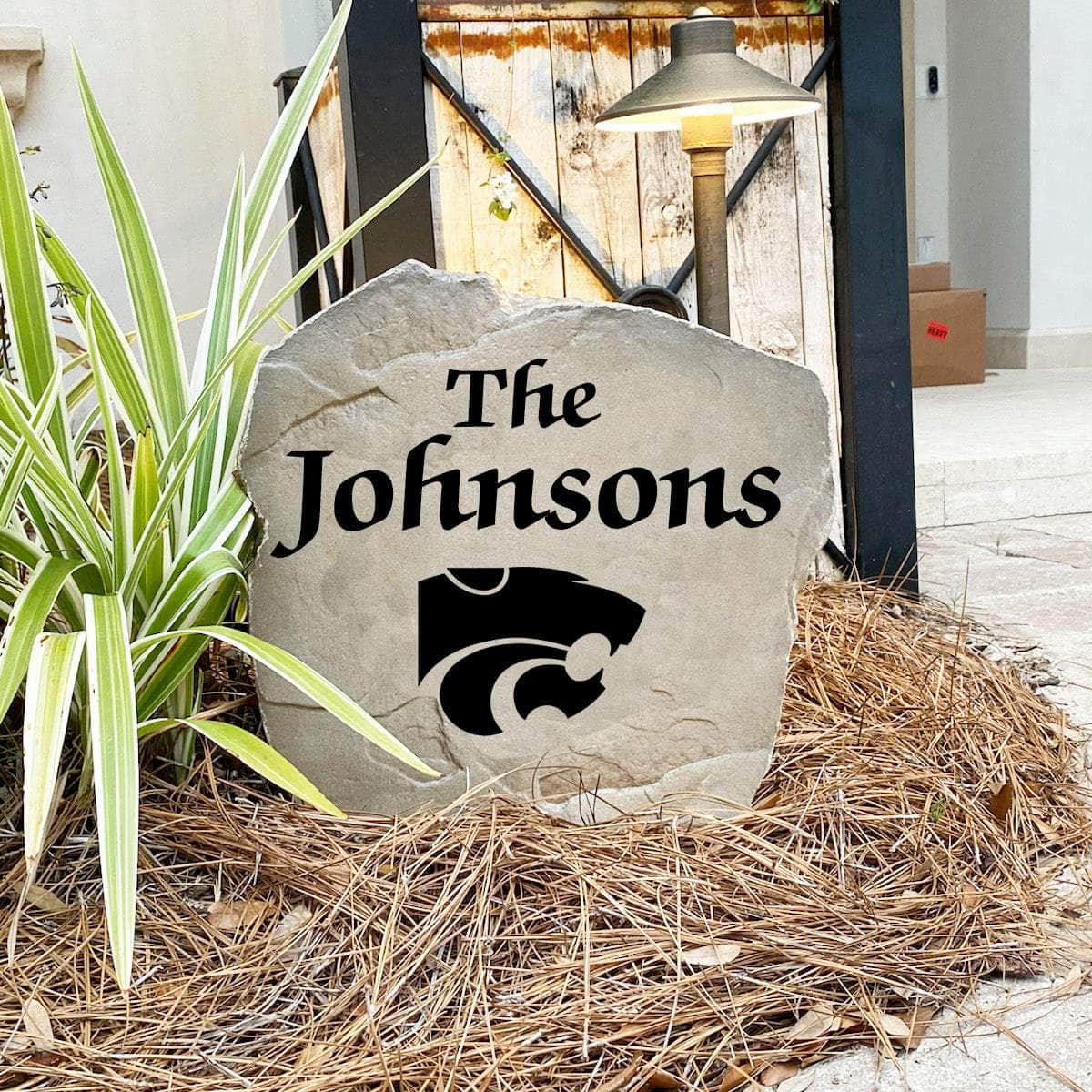 Engraved Kansas State University Name Stone with a custom family name and the Kansas State Wildcats logo, bringing collegiate spirit and timeless style to front yard landscapes, walkways, and home entrances.